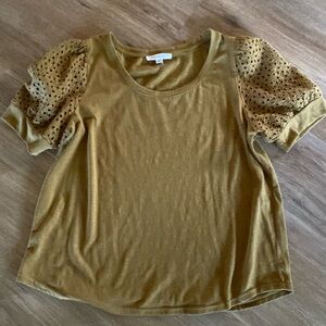 Jane & Delaney green brown mixed media puff sleeve scoop neck l large shirt top
